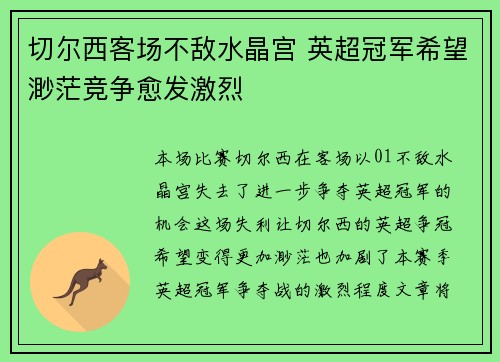 切尔西客场不敌水晶宫 英超冠军希望渺茫竞争愈发激烈