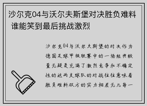 沙尔克04与沃尔夫斯堡对决胜负难料 谁能笑到最后挑战激烈